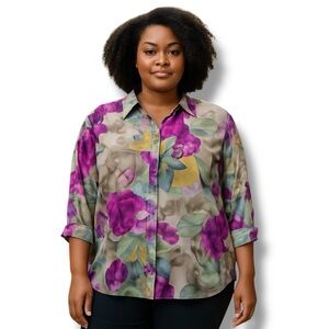 Alia VTG Women’s 3/4 Casual Button Down Shirt Watercolor Floral Art To Wear 2X